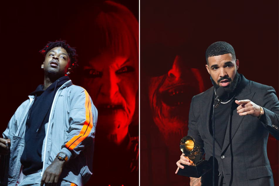 Rap stars Drake (r.) and 21 Savage have been showing a creepy animated visual that seems to be of Vogue editor-in-chief Anna Wintour on their It's All a Blur Tour.
