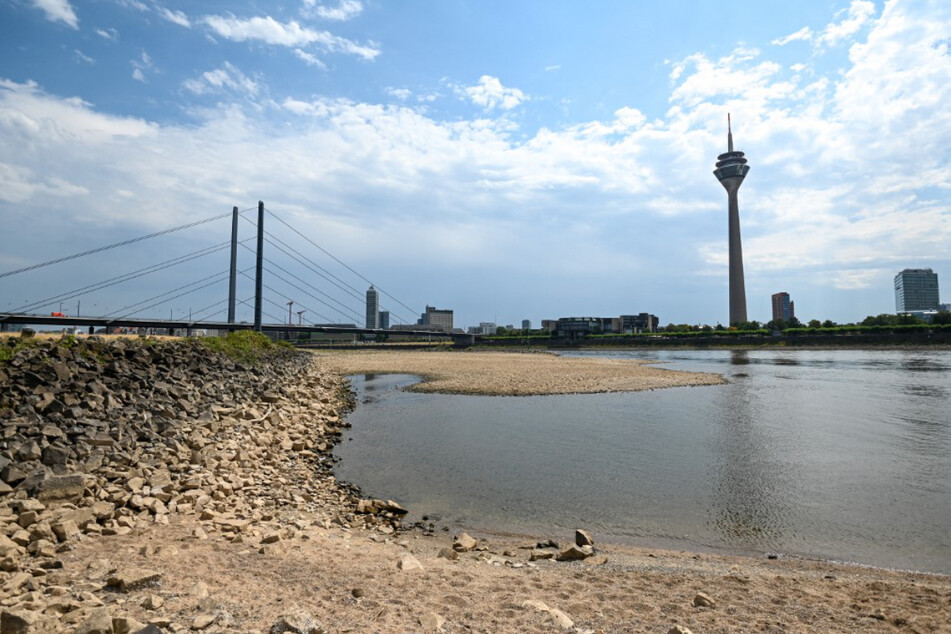 Teilweise ausgetrocknetes Flussbett des Rheins im Sommer 2022 in Düsseldorf.