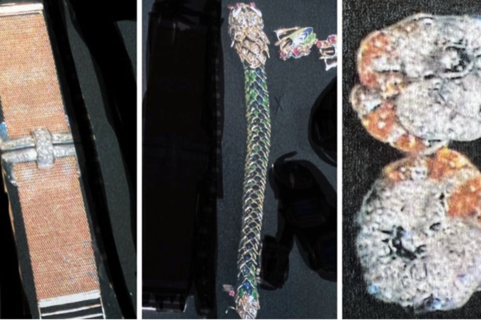 Teile der Beute: Gelbgoldenes-Armand mit Altschliffbrillanten (l.), "Drachenarmband" aus Gelbgold (M.), dazu passende Ohrringe (r.).