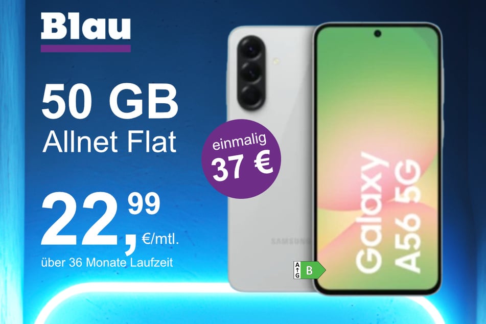 Das Samsung Galaxy A56 5G im Blau Allnet XL für einmalig 37 Euro.