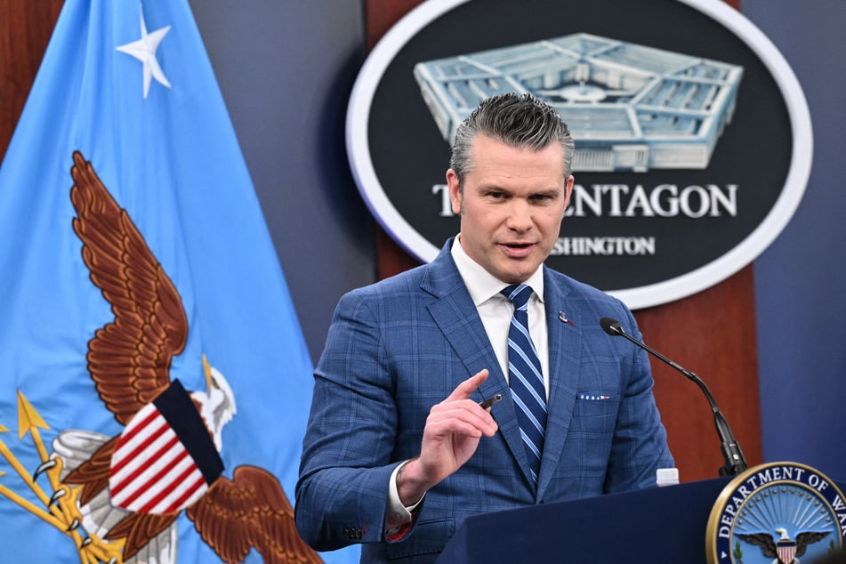 US Secretary of Defense Pete Hegseth speaks during a press briefing at the Pentagon on April 8, 2026.