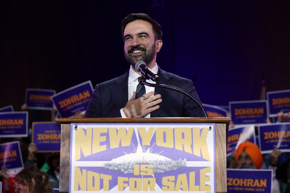New York City mayoral candidate Zohran Mamdani speaks during a campaign rally at Forest Hills Stadium in Queens on October 26, 2025.