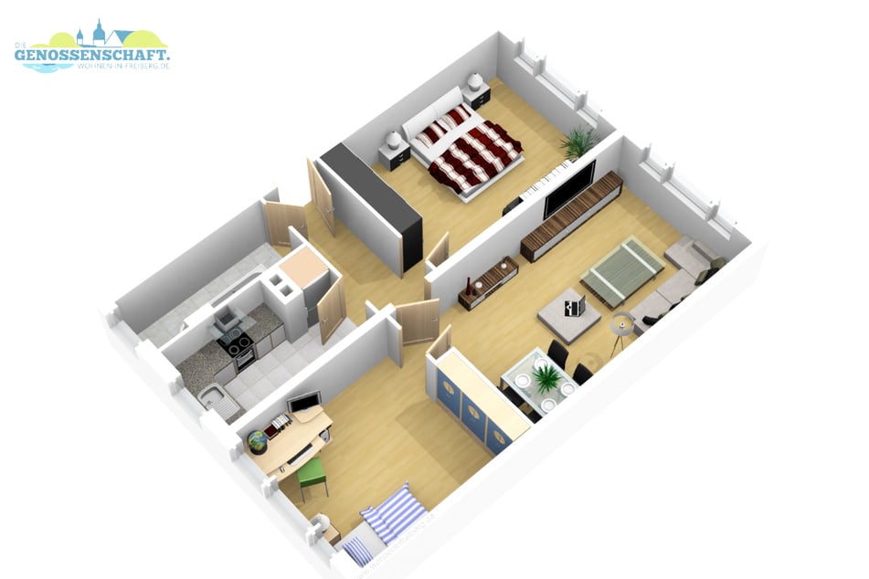 Grundriss der 3-Raum-Wohnung in der Tschaikowskistraße 101 in Freiberg.