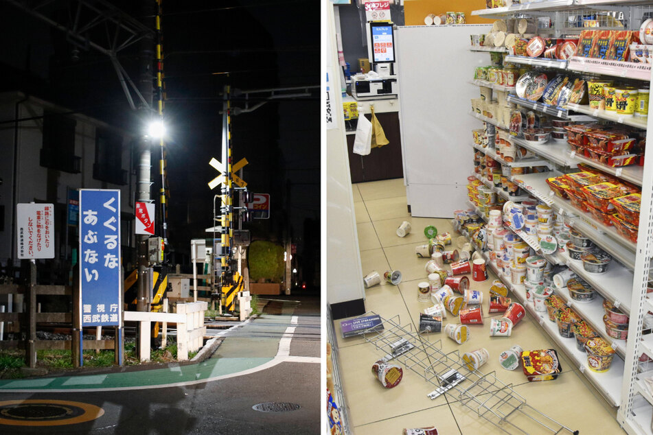 Some areas of Tokyo experienced a blackout (l.) and caused damage to stores (r.), after a strong earthquake shook large parts of northeastern Japan on Wednesday.