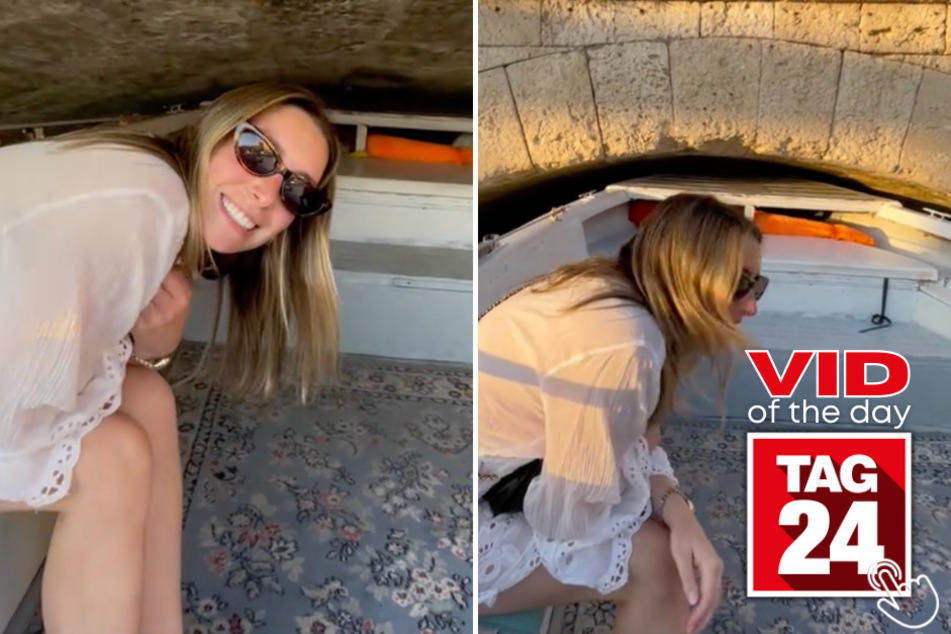 In Today's Viral Video of the Day, a couple's boat came to an abrupt halt under a tiny bridge in Italy.