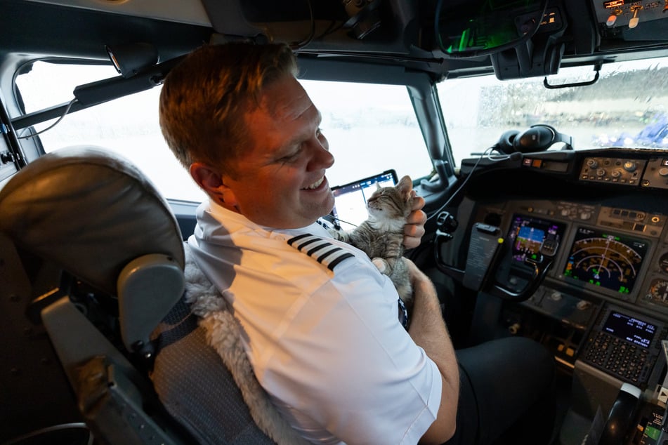 Noch im Cockpit kuschelt Pilot Matt Prebish mit Kätzchen "Avery".