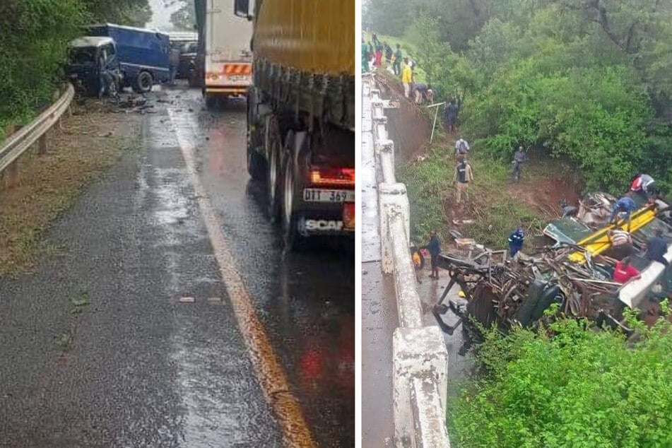 Bus stößt mit Geldtransporter zusammen und stürzt von Brücke: Über 20 Tote