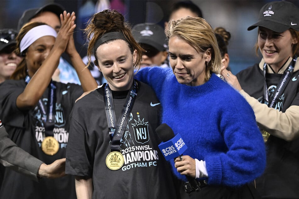 Rose Lavelle of NJ/NY Gotham FC speaks to the media after the NWSL Championship final against the Washington Spirit at PayPal Park in San Jose, California, on November 22, 2025.
