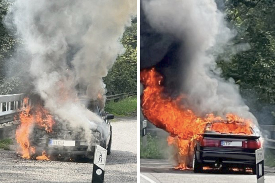 Audi geht während der Fahrt plötzlich in Flammen auf: 27-Jähriger reagiert blitzschnell