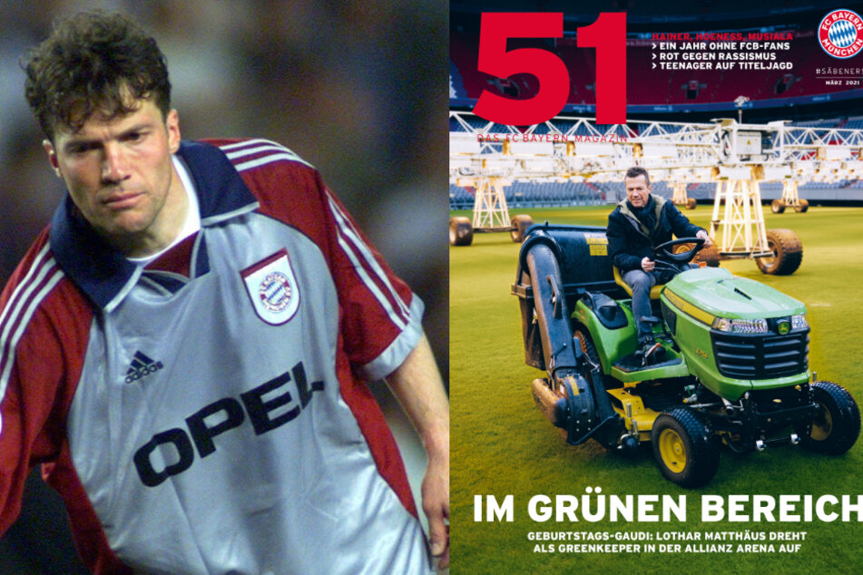 Rechts ist die Titelseite des Mitgliedermagazin "51" des FC Bayern München zu sehen. Links ein Bild von Lothar Matthäus aus seiner aktiven Zeit bei den Münchnern.