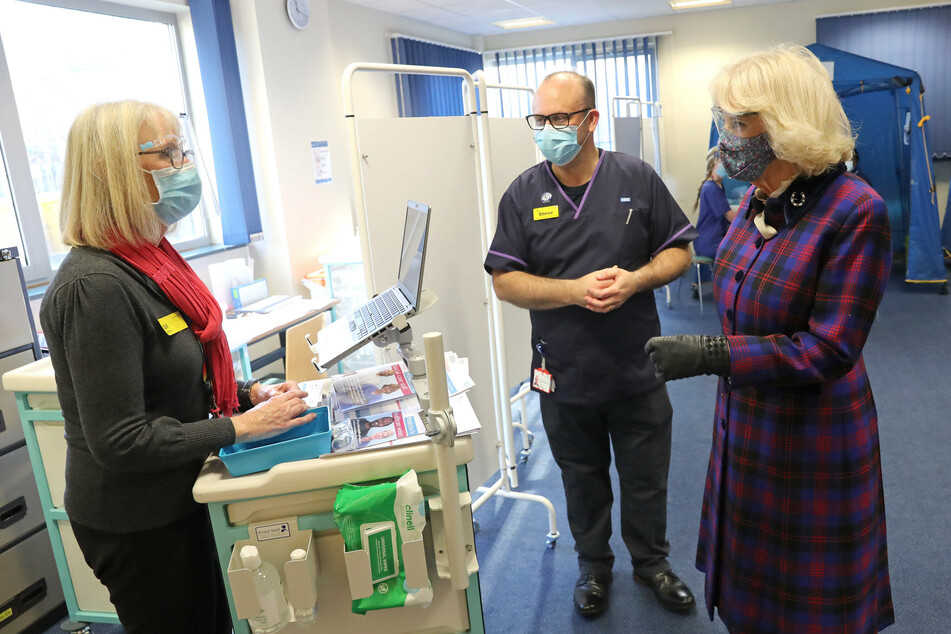 Camilla, the Duchess of Cornwall, during a visit to a Covid 19 vaccination centre at Gloucestershire Royal Hospital in Gloucester, UK.