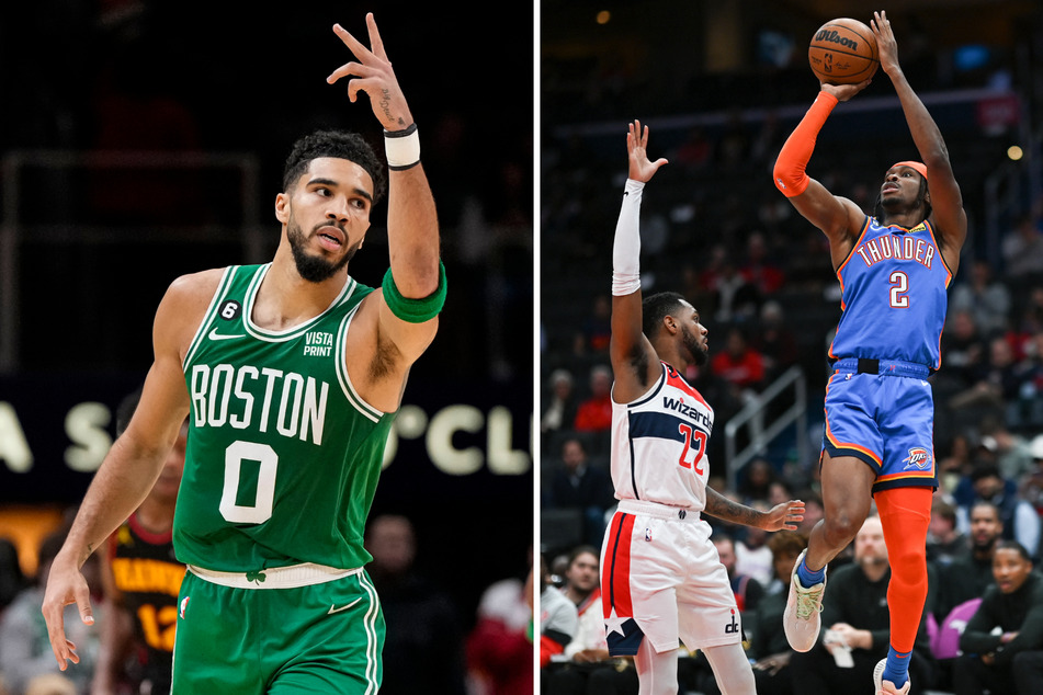 Left: Boston Celtics forward Jayson Tatum reacts after making a three-point shot against the Atlanta Hawks. Right: Oklahoma City Thunder guard Shai Gilgeous-Alexander shoots over Washington Wizards guard Monte Morris.