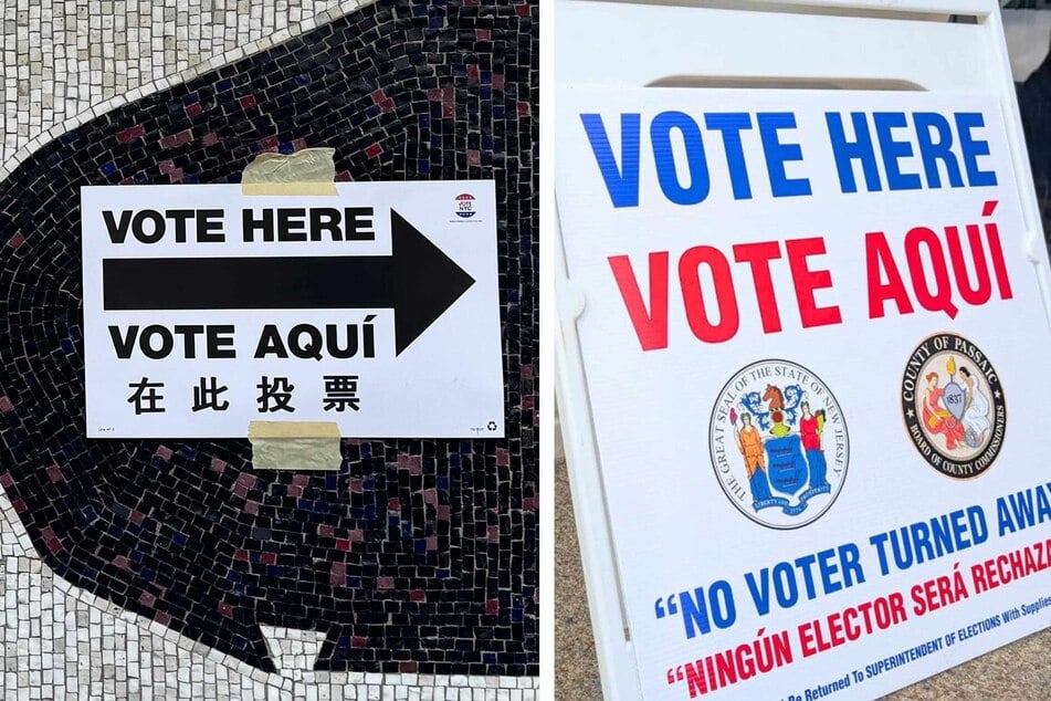 Signage outside polling stations in New York and New Jersey on Election Day 2024.