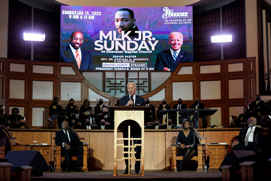 President Joe Biden delivers remarks at Ebenezer Baptist Church in Atlanta, Georgia, on what would have been Rev. Dr. Martin Luther King Jr.'s 94th birthday, on January 15, 2023.