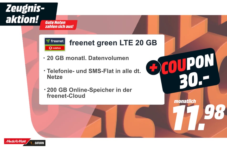 Smartphone-Tarif für monatlich 11,98 Euro PLUS 30-Euro-Coupon.