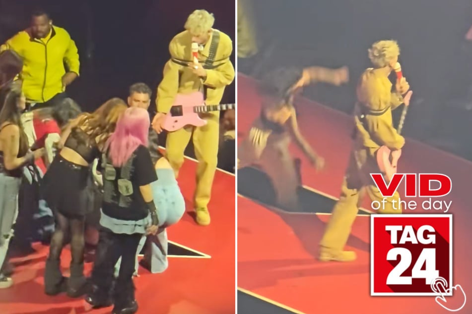 A fan fell into a gap in the stage at Machine Gun Kelly's UK show on Friday night – and he kept singing the whole time while helping her up.