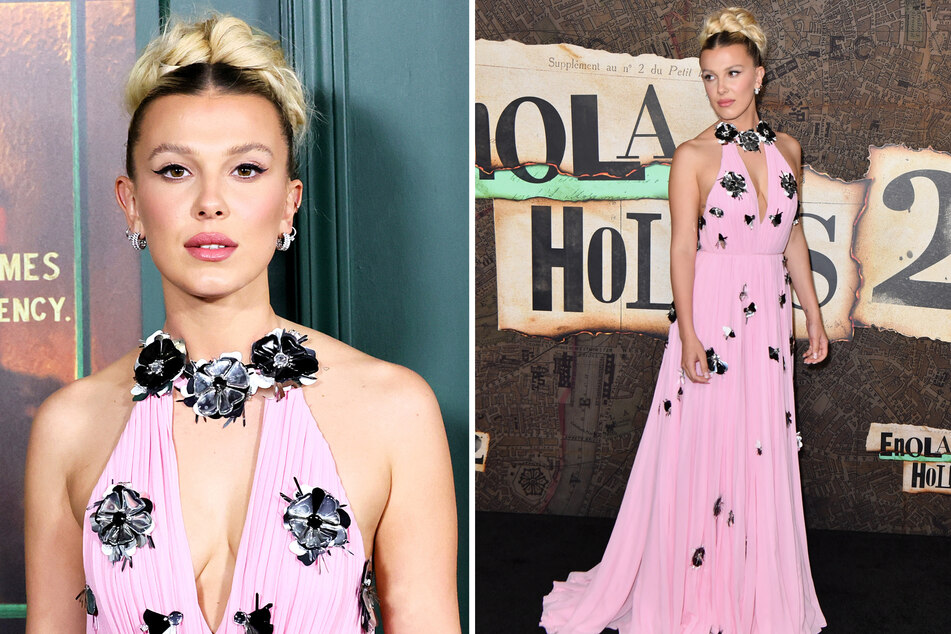 Millie Bobby Brown flashed a pop of color with a pink gown at the Enola Holmes 2 premiere.