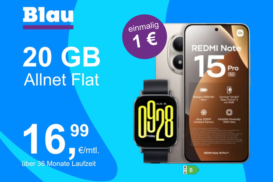 Das Xiaomi Redmi Note 15 Pro 5G + Redmi Watch 5 Lite im Blau Allnet M für einmalig 1 Euro.