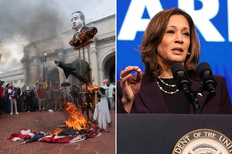 Kamala Harris (r.) condemned the "despicable" and "unpatriotic" burning of an American flag by protesters who rallied in Washington during Benjamin Netanyahu's address to Congress.