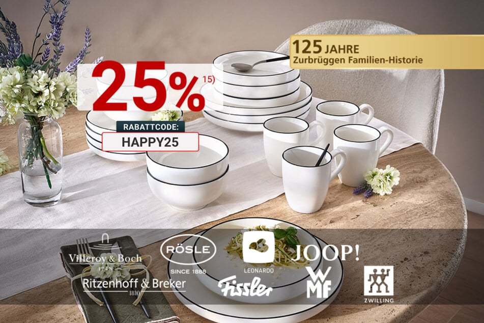 Mit dem Code: HAPPY25 gibt's bei Zurbrüggen online 25 Prozent Rabatt auf Haushalt, Deko, Textil, Leuchten und vieles mehr.¹⁵