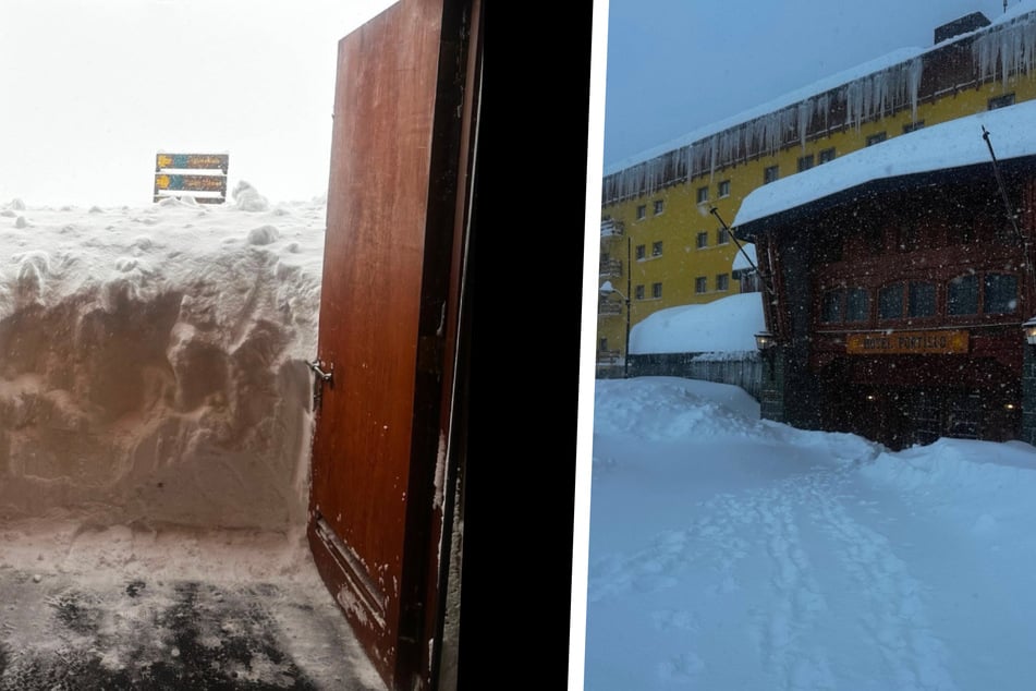 Gebäude, Fahrzeuge und Aufzüge sind eingeschneit. Die Ski-Lifte sind außer Betrieb.