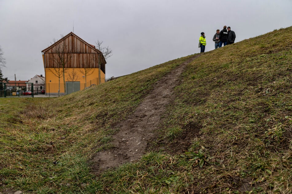 Solche Schäden an der Grasnarbe beunruhigen die Deichschützer. Links steht das im Stile einer Scheune errichtete Hochwasserpumpwerk am Windmühlenweg.