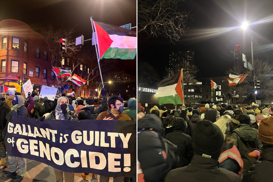 Hundreds of demonstrators wearing keffiyehs and waving Palestinian flags gather in Chicago, Illinois, to protest a visit by former Israeli Defense Minister Yoav Gallant.