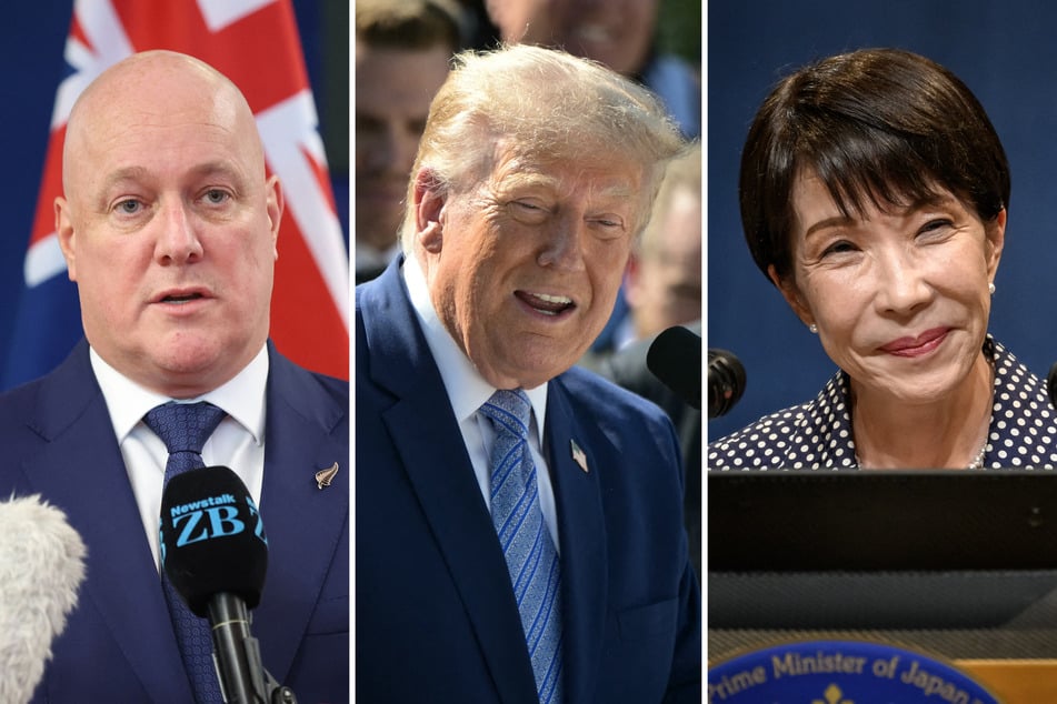 World leaders, including New Zealand Prime Minister Christopher Luxon (l) and Japanese PM Sanae Takaichi's (r) government, responded to President Donald Trump's (m) new tariff regime.