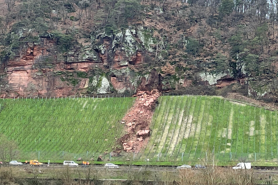 Oberhalb der Bundesstraße 53 bei Trier rutschten am Donnerstag mehrere große Felsen ab und wurden von einem Steinschlag-Zaun aufgehalten.