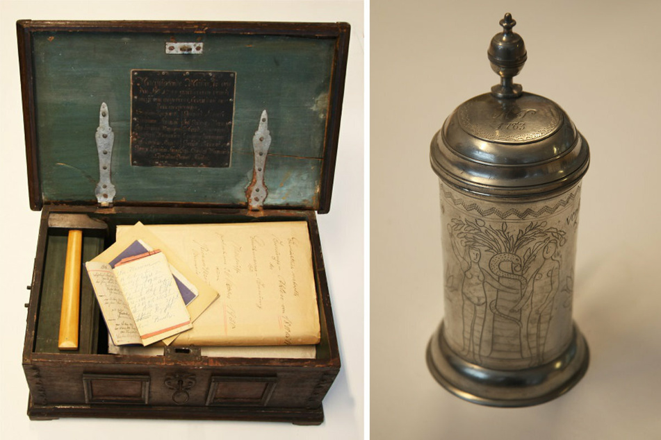 Diese Zunfttruhe (l.) aus dem Jahr 1744 und ein Bierkrug wurden von den Tätern mitgenommen