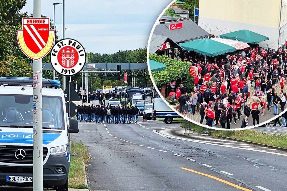 Cottbus gegen St. Pauli live: Gästefans aus Hamburg marschieren im Pulk zum Stadion