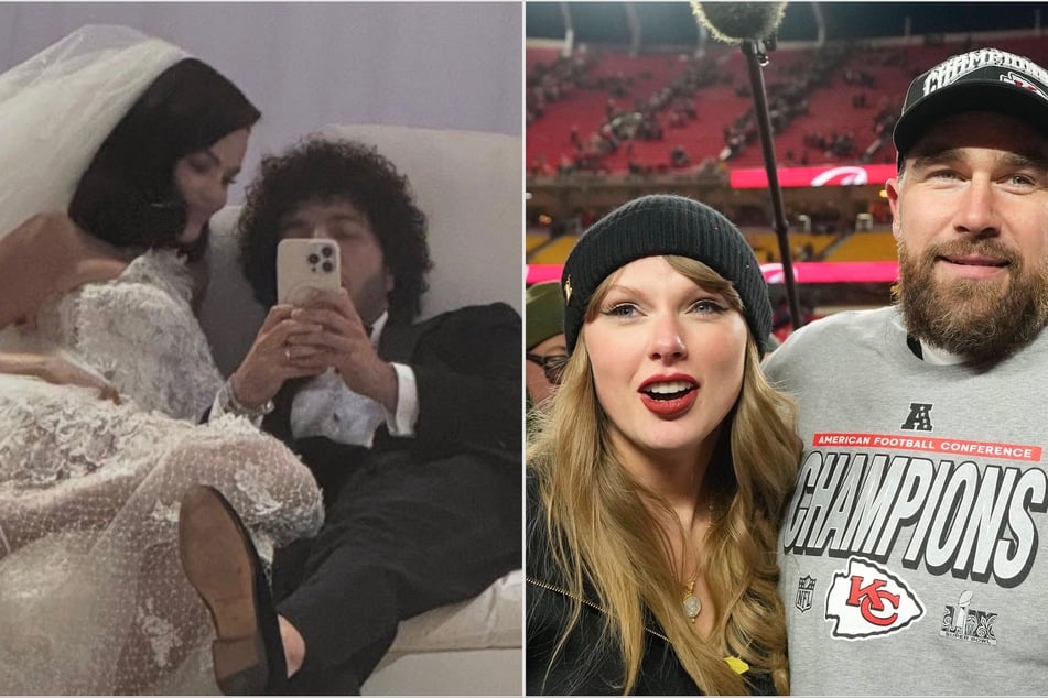 Taylor Swift (2nd from r.) was spotted at Travis Kelce's (far r.) game on Sunday the day after she attended Selena Gomez (far l.) and Benny Blanco's (2nd from l.) wedding.