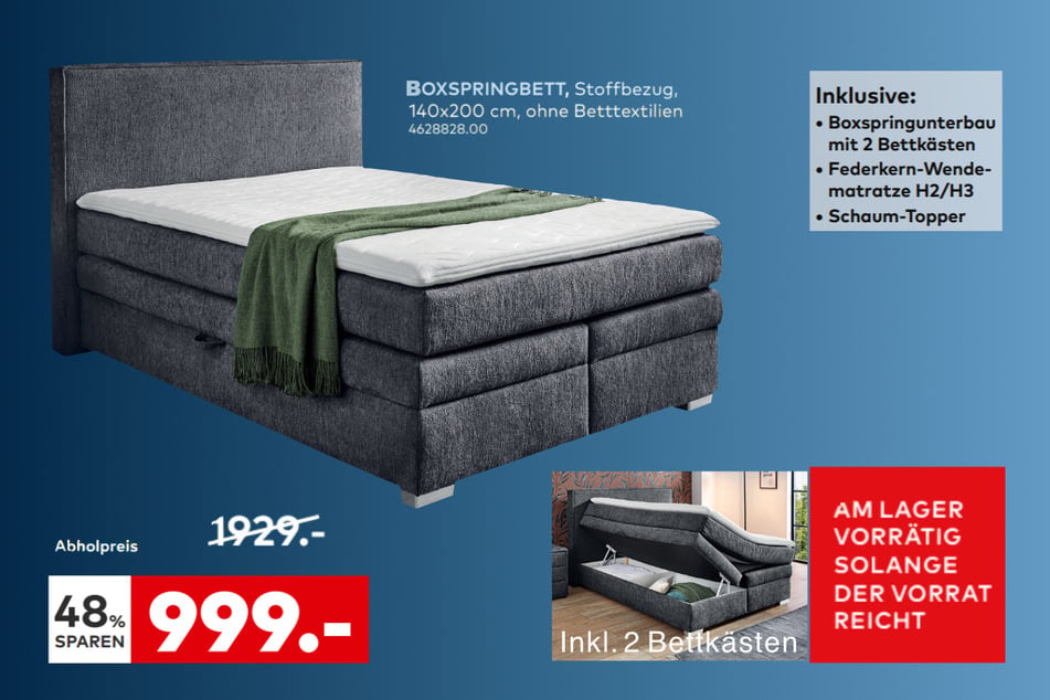 Dieses gemütliche Boxspringbett kostet gerade mal 999 statt 1.929 Euro.