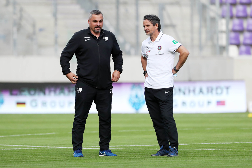 Die Trainer Thomas Reis (l.) und Dirk Schuster waren nach der Partie nicht ganz einer Meinung.