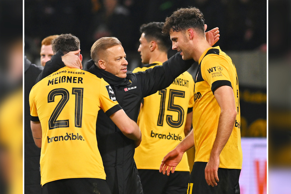 Will am Samstag nach den 90 Minuten gegen Ulm wieder mit seinen Mannen feiern: Dynamo-Trainer Markus Anfang (49, M.) - hier mit Robin Meißner (24) und Jakob Lewald (25, r.).