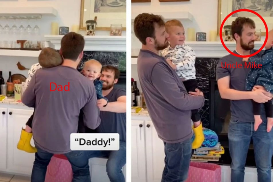 Identical twin brothers test out whether the kids can tell the difference between their dad (l.) and their uncle Matt (r.)