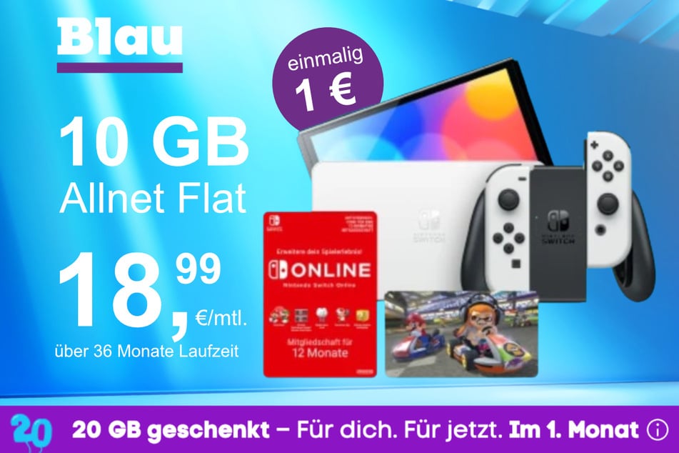 Die Nintendo Switch OLED + Mario Kart 8 im Blau Allnet M inkl. 20 GB für einmalig nur 1 Euro.