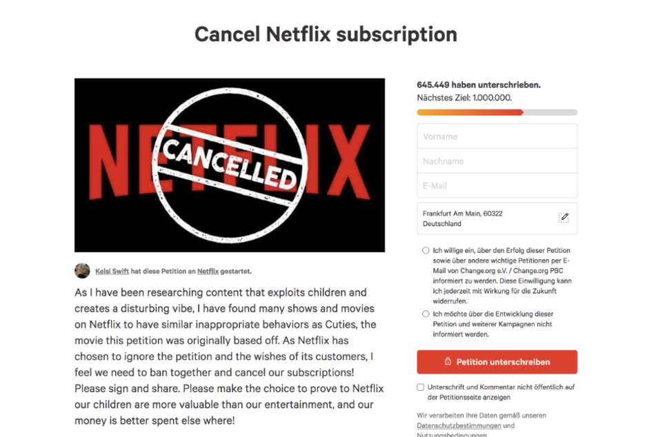 Der Screenshot zeigt die ins Leben gerufene Petition.