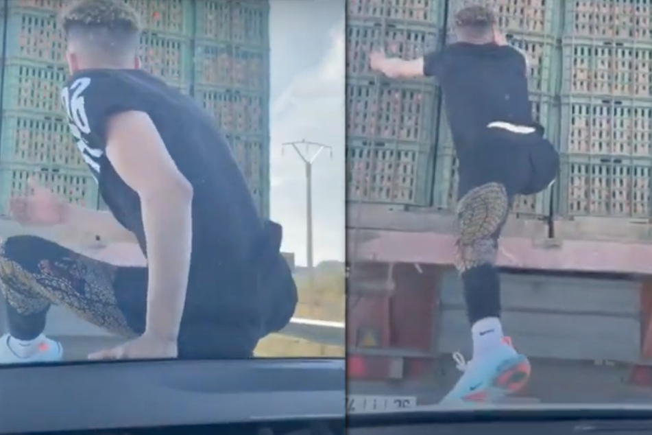Mit offenen Schnürsenkeln springt der Typ auf den Lastwagen vor sich.