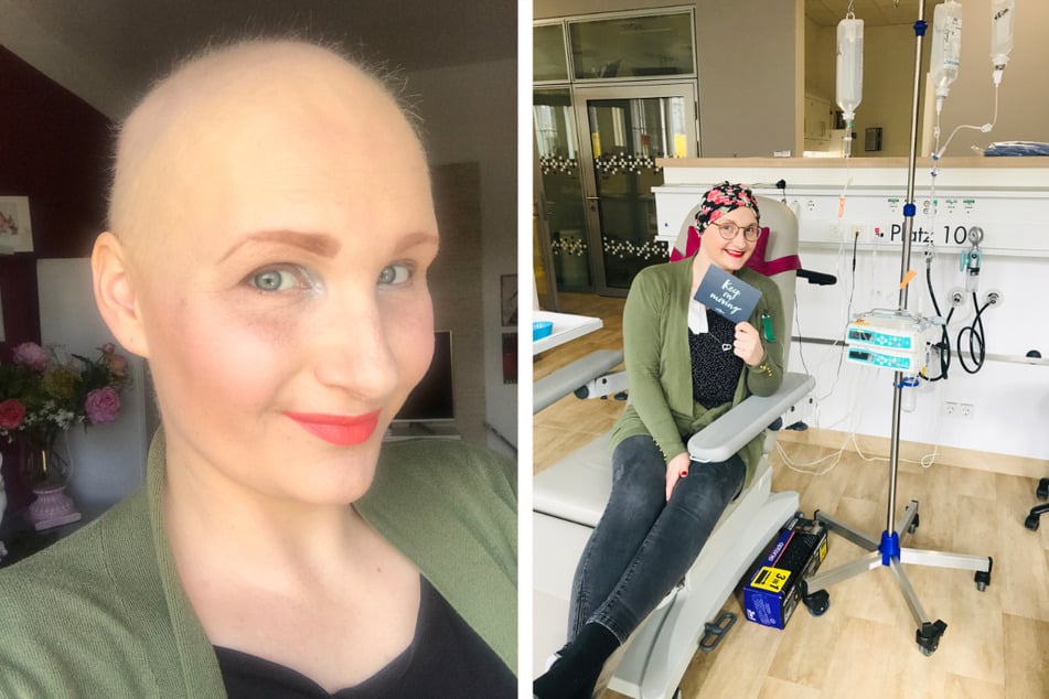 Tapferkeit braucht keine Haare: Anja während ihrer Chemotherapie (li.). Der Gedanke an ihren Jungen half Anja, die Behandlungen durchzustehen.