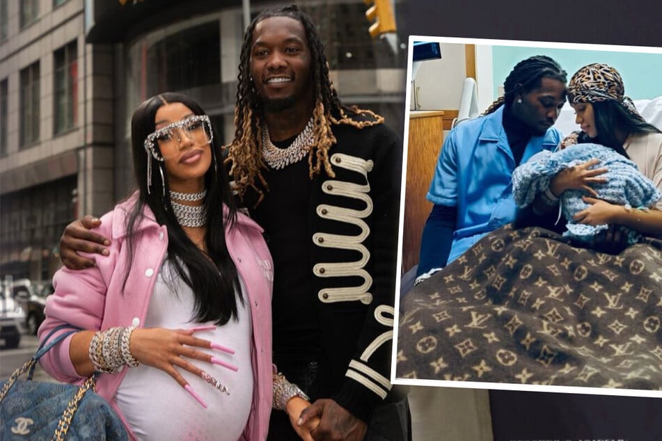 Cardi B (l.) shared photos with Offset and their new bundle of joy (r.) on Instagram, writing of her partner, "Sooo proud of you."