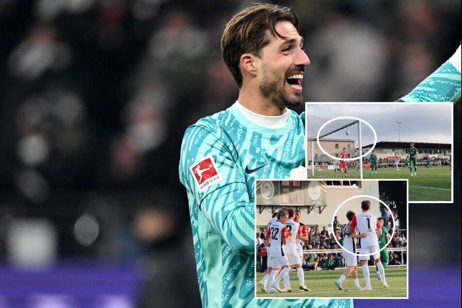 Erst erzielt Kevin Trapp (34) seinen kuriosen Treffer (kleines Bild oben), dann wird mit den Kollegen gejubelt (kleines Bild unten).