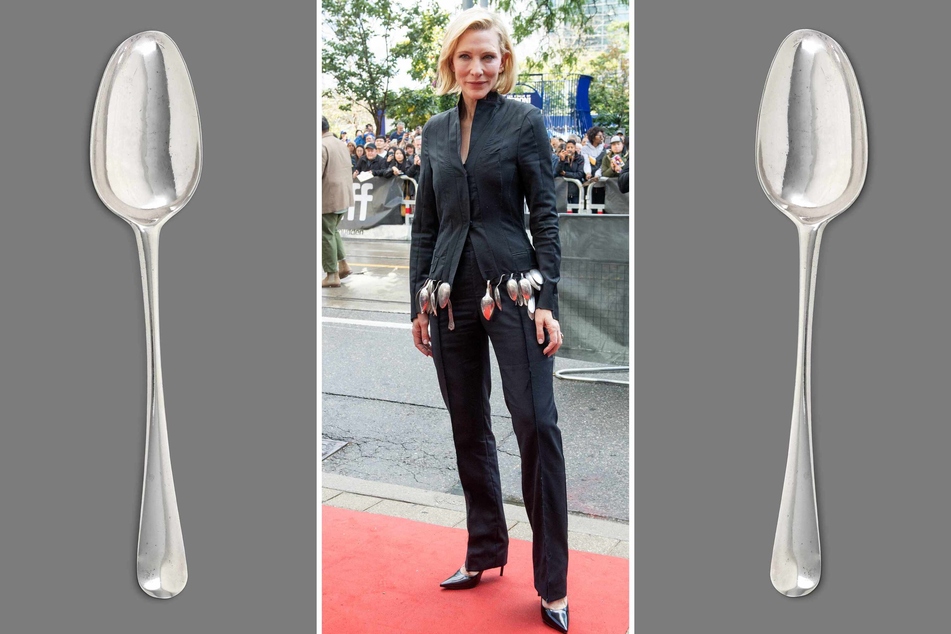 Actor Cate Blanchett wore a fitted black trouser suit, the jacket's hem embellished with silver spoons and pointy stilettos.