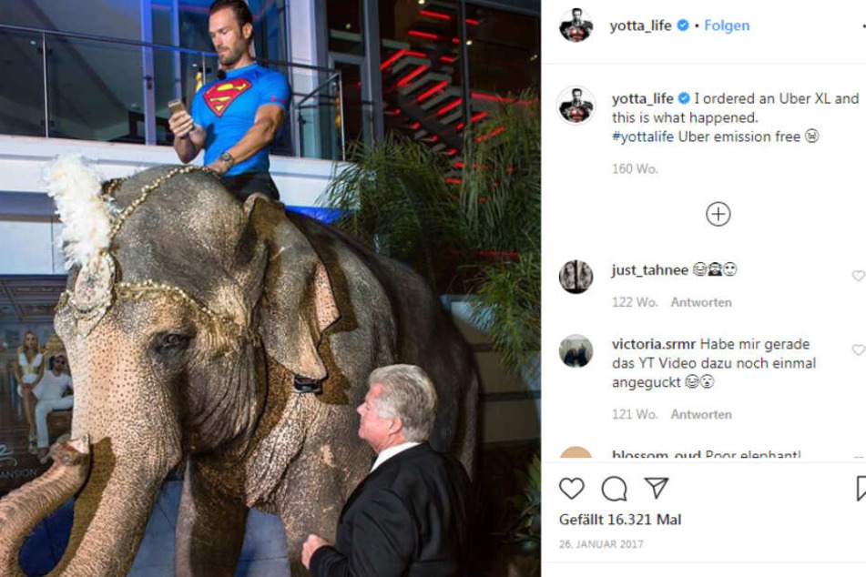 Bastian Yotta bei einer seiner Feiern auf einem Elefanten.
