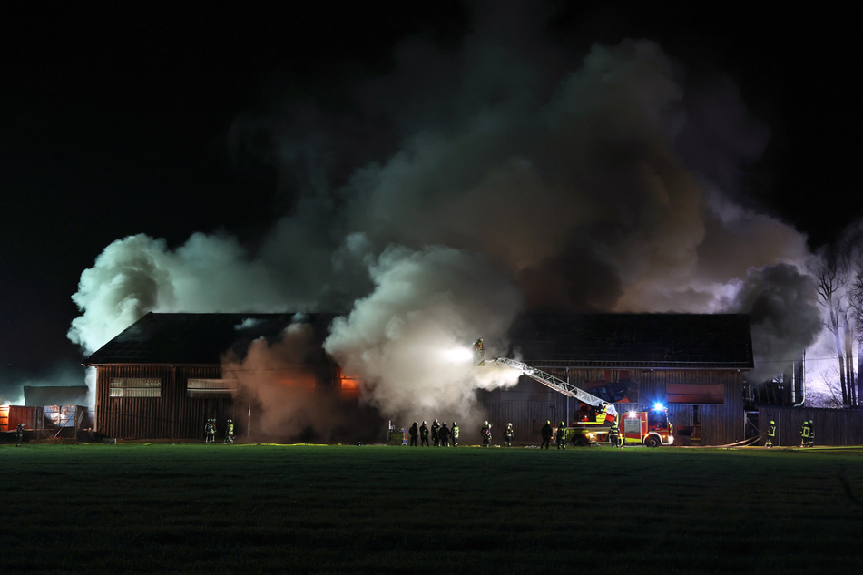 Einsatzkräfte der Feuerwehr versuchen, den Brand in der Halle einer Recyclingfirma einzudämmen.