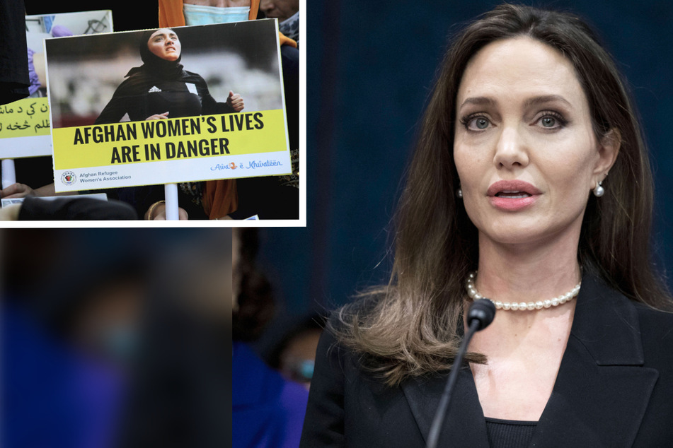 Angelina Jolie (r.) took to Instagram several times this week to join worldwide protests (inset) for the endangered rights of Afghan women around the world.