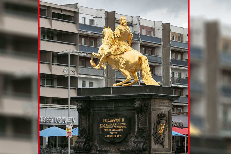Schwert weg! Der entwaffnete Goldener Reiter auf dem Neustädter Markt.