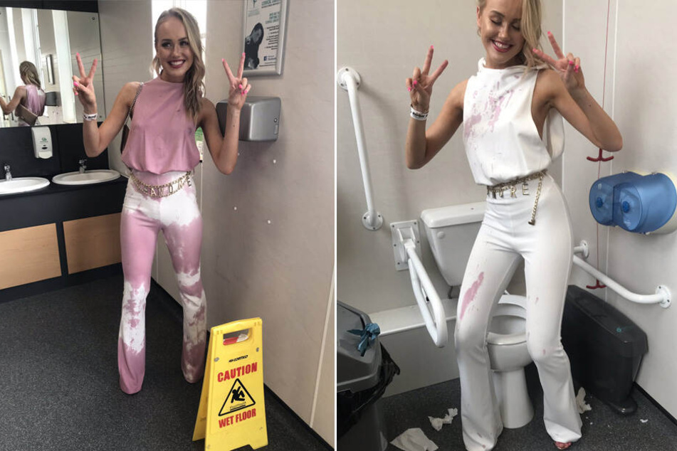 Anstatt sich über die Flecken auf ihrem Outfit (rechts) zu ärgern, wurden Eleanor Walton und ihre Freundin kreativ.
