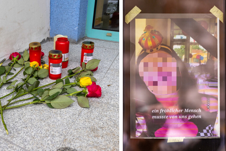 An der Haustür des Prohliser Mehrfamilienhauses gedenken Kerzen und ein Foto der Verstorbenen.