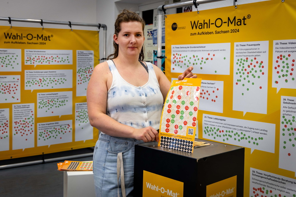 Rebecca Dathe (30) zeigt, wie der Stickerbogen zum Auswerten in eine Box gesteckt wird.